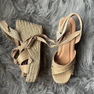 Tan Woven Platform Wedge Sandals